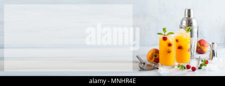 Deux des boissons rafraîchissantes à partir de jus de pêche et de framboises à la menthe fraîche dans des grands verres sur une table en marbre avec un shaker et bar accessoires. Banque D'Images
