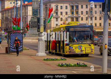 MINSK, BELARUS - 01 MAI 2018 : vue extérieure de MAZ city bus l'usine automobile de Minsk est l'une des plus grandes entreprises en Biélorussie et grands bus européen fabricant Banque D'Images