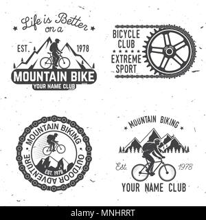 Ensemble d'bikings montagne clubs. Vector illustration. Concept pour chemise ou logo, print, stamp ou cycliste le tourisme. Typographie vintage design avec voiture et Illustration de Vecteur