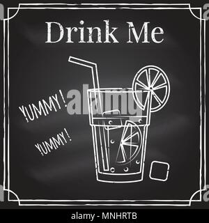 Drink me. Éléments sur le thème de la restauration. Dessin à la craie sur un tableau noir. Pour cafe ou au bar à cocktails. Emblème de cocktail. L'icône de la ligne mince - Illustration de Vecteur