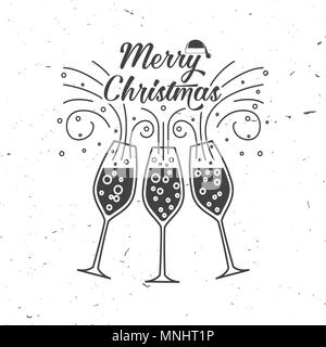 Joyeux Noël modèle rétro avec verres de champagne. Vector illustration. Design pour Noël cartes de félicitations, d'invitations, des bannières et des flyers. Illustration de Vecteur