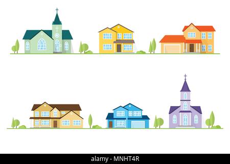 Quartier avec maisons et églises illustré sur blanc. L'icône vecteur télévision réseau express régional maisons américaines. Pour la conception web et l'interface d'application, aussi u Illustration de Vecteur