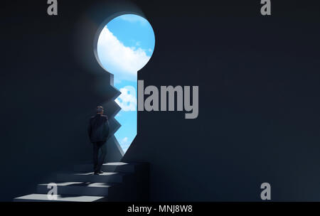 Businessman walking sur l'escalier dans la pièce sombre en forme de clé par ciel bleu porte révélant de nouvelles opportunités, 3D Rendering Banque D'Images