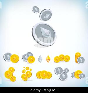 Ethereum. Dessin animé 2D de monnaie. La monnaie numérique. Cryptocurrency. Pièces d'or avec le symbole isolé sur fond blanc. Illustration vectorielle Stock. Illustration de Vecteur