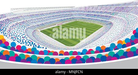 Dessin d'une vue panoramique d'un stade de football blanc rempli de gens colorés sur fond blanc avec grand angle en grand format. Image vectorielle Illustration de Vecteur