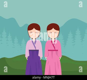 Cartoon jeunes coréennes en costume traditionnel sur fond de paysage, design coloré. vector illustration Illustration de Vecteur