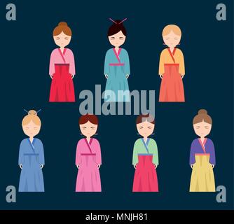 Icon Set de jeunes coréennes en costumes traditionnels sur fond bleu, design coloré. vector illustration Illustration de Vecteur