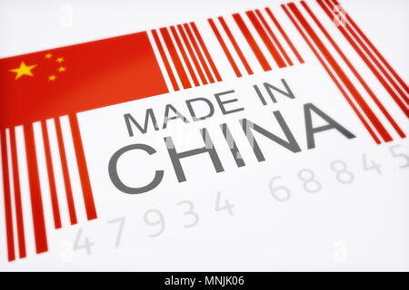 Code barre du produit symbolisant l'énorme quantité de marchandises importées de Chine isolé sur fond blanc Banque D'Images