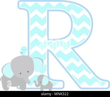 R initial avec l'éléphant et le mignon petit bébé éléphant isolé sur fond blanc. peut être utilisé pour la fête des pères, carte de naissance, bébé garçon n Illustration de Vecteur