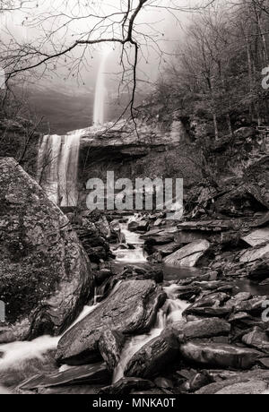 Un matin brumeux à Kaaterskill Falls dans les Catskills Mountains à Haines Falls, New York. (Noir et blanc) Banque D'Images