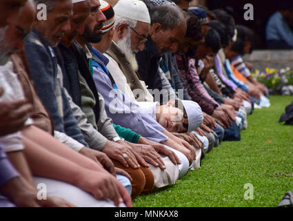 Alors que d'autres sont dans la prière d'un jeune musulman du Cachemire est le premier vendredi du mois de jeûne du Ramadan dans le jardin de Jamia Masjid ou grande mosquée, à Srinagar, au Cachemire indien. Le plus saint de l'Islam Ramadan est une période de prière intense, l'aube au coucher du jeûne et de fêtes nocturnes. Banque D'Images