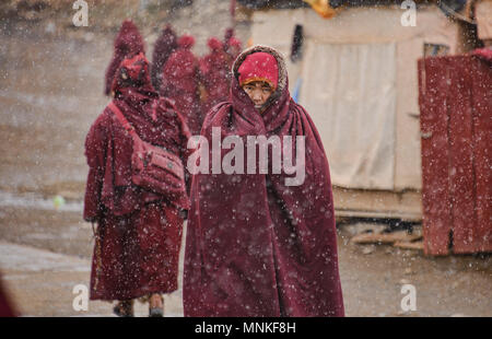 Les nonnes tibétaines marche dans la neige, Yarchen Gar, Sichuan, Chine Banque D'Images