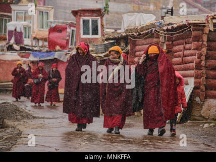 Les nonnes tibétaines marche dans la neige, Yarchen Gar, Sichuan, Chine Banque D'Images