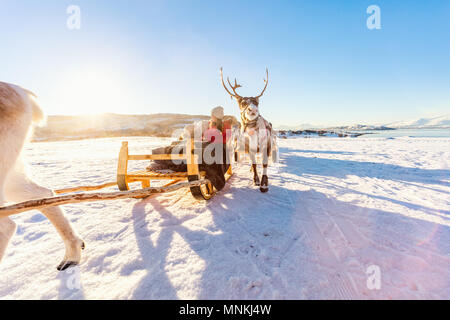 Mère de famille et sa fille à reindeer safari sur journée d'hiver ensoleillée dans le Nord de la Norvège Banque D'Images