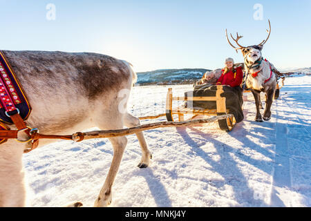 Mère de famille et sa fille à reindeer safari sur journée d'hiver ensoleillée dans le Nord de la Norvège Banque D'Images