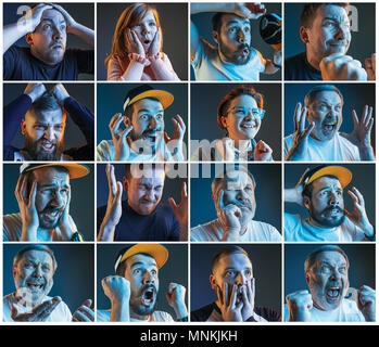 Collage sur les émotions du football fans regarder le soccer à la télévision Banque D'Images