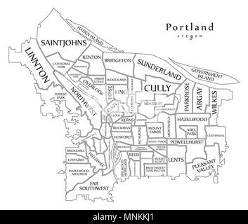 Plan de la ville moderne - ville de Portland (Oregon) aux États-Unis par les quartiers et les titres contour plan Illustration de Vecteur