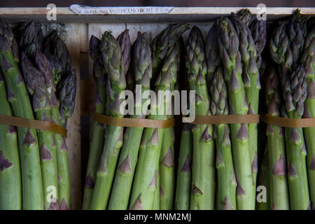 Bouquets d'asperges vertes à la vente à un décrochage du marché à Bologne, en Italie. Banque D'Images