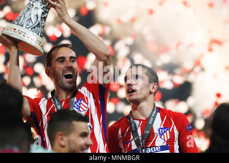 Lyon, France. Credit : D. 16 mai, 2018. Diego Godin, Antoine Griezmann (Atletico) Football/Football : l'UEFA Europa League match final entre l'Olympique de Marseille 0-3 Club Atlético de Madrid au Stade de Lyon à Lyon, France. Credit : D .Nakashima/AFLO/Alamy Live News Banque D'Images