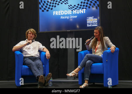 London UK 18 mai 2018 Freddie Hunt, fils de légende motorcading James Hunt été interviewés dans l'étape du Confused.com London Motor Show , au centre Excel de Londres/Quezada-Neiman@Paul Alamy Live News Banque D'Images