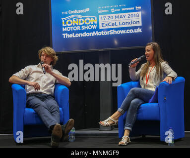 London UK 18 mai 2018 Freddie Hunt, fils de légende motorcading James Hunt été interviewés dans l'étape du Confused.com London Motor Show , au centre Excel de Londres/Quezada-Neiman@Paul Alamy Live News Banque D'Images