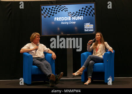 Pilote de course, Freddie Hunt dans une séance de questions et réponses avec Rebecca Jackson à la salle de conférence, au cours de la London Motor Show 2018. Banque D'Images