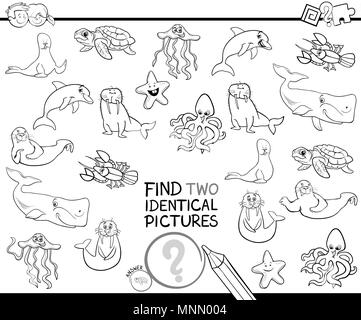 Illustration Cartoon noir et blanc de trouver deux images identiques jeu éducatif pour les enfants avec la vie marine Personnages Animal Coloring Book Illustration de Vecteur