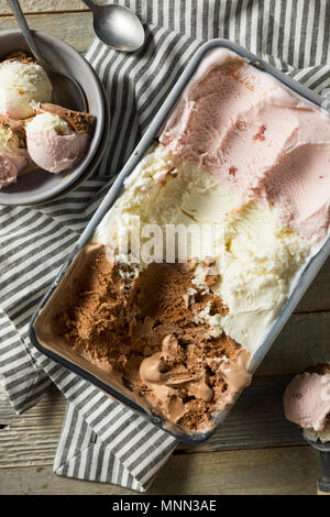 La crème glacée napolitaine fait maison avec la vanille Chocolat et Fraise Banque D'Images