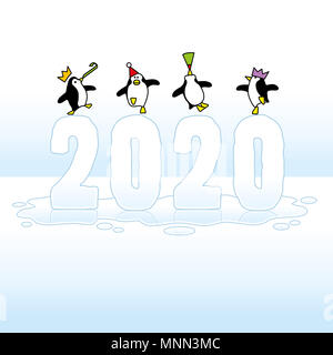 Quatre professionnels Partie pingouins portant des chapeaux de papier coloré sur le dessus de la danse de l'année 2020 Fusion de la glace en flaque humide de Blue Horizon Banque D'Images