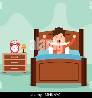 Vector illustration du petit garçon se réveillant dans un lit sur fond blanc Illustration de Vecteur