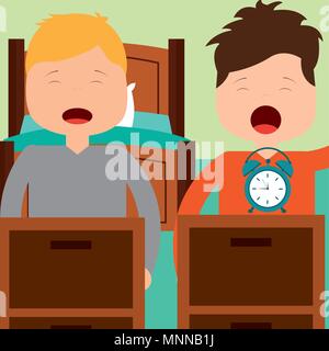 Deux garçon se réveiller avec le lit à la salle Illustration de Vecteur