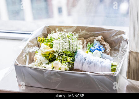 Mariage bouquet et boutonnière en boîte carton sur le rebord ensoleillé d'appui de fenêtre au matin jour couché dans la chambre d'hôtel, beaucoup de fleurs, vert jaune Banque D'Images