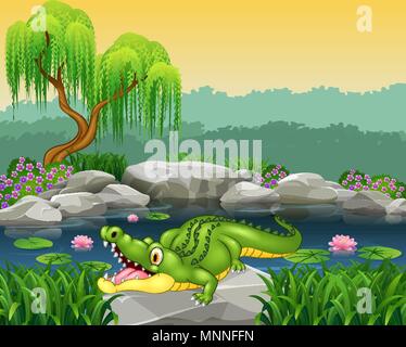 Mignon petit crocodile posant sur le rocher Illustration de Vecteur