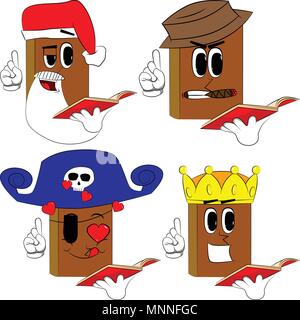 Livres la lecture d'un livre rouge et de faire un point. Bande dessinée collection costume avec Visages. Vecteur d'expressions définies. Illustration de Vecteur