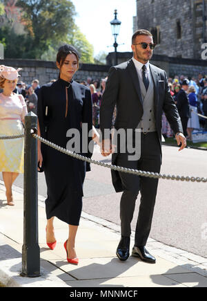 David Beckham et Victoria Beckham arrivent à la Chapelle St George du château de Windsor pour le mariage de Meghan Markle et le prince Harry. Banque D'Images