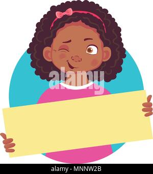 Avec un clin d'Afro-africaine ou girl holding blank poster. Illustration vecteur de message vierge. Mains tenant le papier blanc Illustration de Vecteur