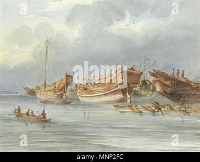 . Aquarelle de Thomas (1 800-1 830) de famille Prinsep, bateaux amarrés à partir de l'Arakan ou Chittagong, datée du c.1828. L'image est inscrit sur la page de l'album : 'ugh bateaux'. Mugh est le nom communément appliquée aux autochtones de l'Arakan ou Chittagong. Thomas Famille Prinsep est issu d'une famille qui a servi en Inde depuis trois générations ; cinq de ses frères étaient également dans le pays. Thomas a été chargé de l'arpentage des Sunderbunds ; une vaste zone d'eau douce et de mangrove au Bengale couvrant soixante à quatre-vingts milles et composé de télévision marshy îles couvertes de forêts denses, habitée par des crocodiles et forme Banque D'Images