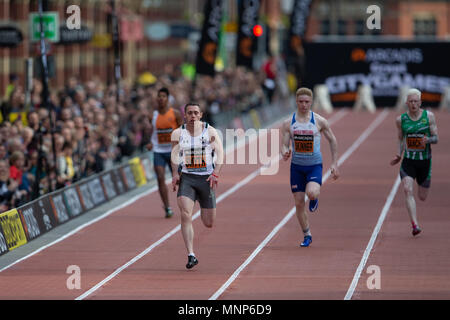 Deansgate, Manchester, Royaume-Uni. 18 mai, 2018. L'Arcadis Grand CityGames, Manchester ; Jason Smyth mène la mens T13 150m : Action Crédit Plus Sport/Alamy Live News Banque D'Images