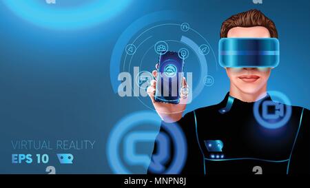 Un jeune homme dans un costume de cyber port casque de réalité virtuelle ou des lunettes et touche l'interface holographique. HUD. L'application de la réalité virtuelle Illustration de Vecteur