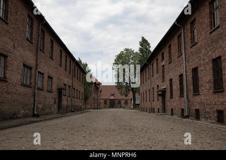 Entre casernes dans le camp de concentration Nazi Auschwitz Banque D'Images