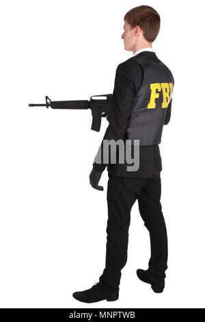 L'agent du FBI au fusil isolated on white Banque D'Images