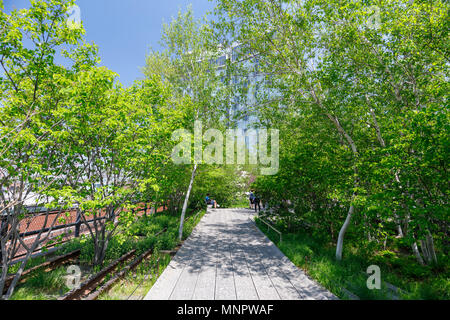 Manhattan, New York City - 10 mai 2018 : Paysages de la ligne élevée. Parc public urbain sur une ligne ferroviaire fret historique, NYC Banque D'Images