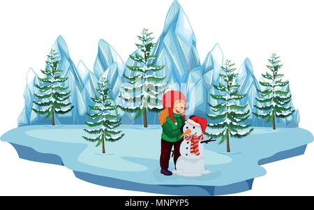 Une fille Building Snowman sur fond blanc illustration Illustration de Vecteur