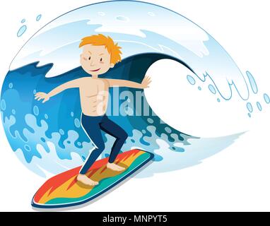 Un jeune Surfer Surfer sur une grosse vague illustration Illustration de Vecteur