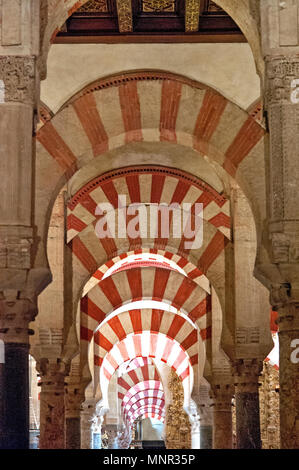 L'architecture spectaculaire de la cathédrale Mezquita de Cordoue, Espagne avec son architecture Mauresque et distinctif arches rouge et blanc. Banque D'Images