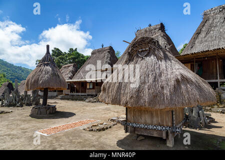 Pierres mégalithiques et rituelles strucutres au milieu du Bena village traditionnel de Flores, en Indonésie. Banque D'Images