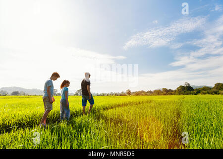 Famille du père et de deux enfants bénéficiant d'promenade tranquille dans les rizières avec une vue imprenable sur les montagnes au Sri Lanka Banque D'Images