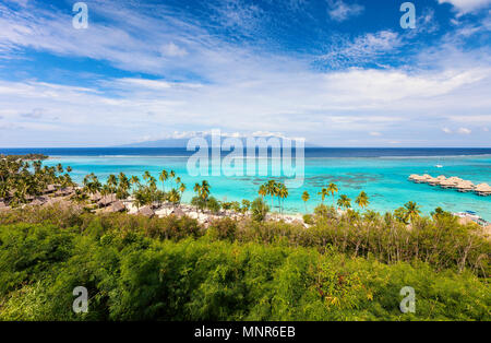 Belle côte et bungalows sur pilotis à l'île de Moorea en polynésie francaise Banque D'Images