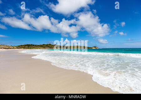 Tropical idyllique plage de sable blanc, l'eau de l'océan turquoise et bleu ciel à l'île d'Antigua dans les Caraïbes Banque D'Images