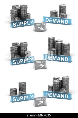 Illustration 3D de l'offre et de la demande de principe. Pièces génériques sur fond blanc avec des prix directions Banque D'Images